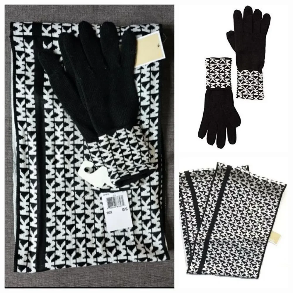 Michael Kors 2 pc Black & White MK Logo monogram Knit Cuffed Gloves & Scarf set